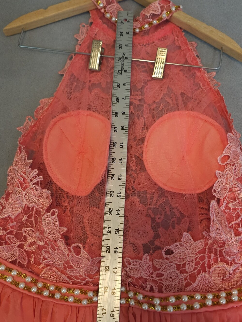 Coral Lace Mini Prom Dress Size 16 Chiffon Overskirt Train NWOT - Picture 11 of 13
